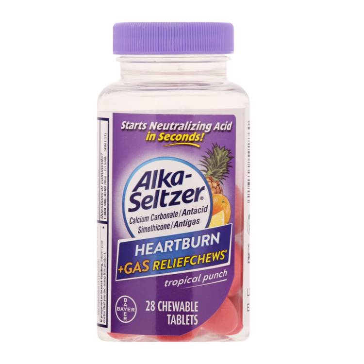 Alka-Seltzer Heartburn and Gas Relief Chews Tropical Punch flavor in a 28-count bottle, showing colorful chew tablets.