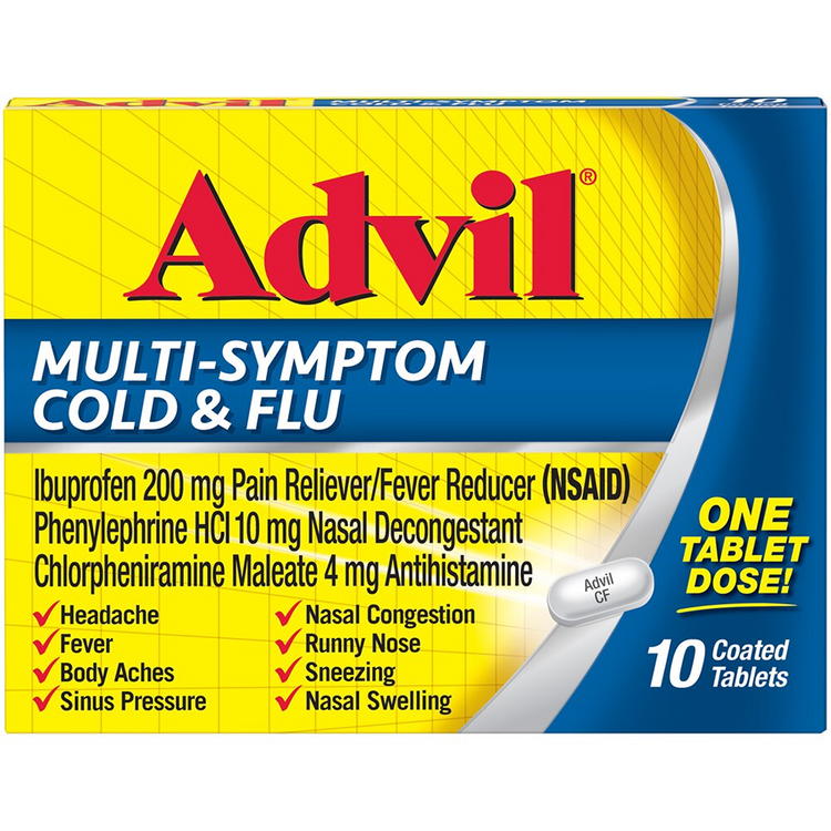 Farmacias Savia Advil multi-symptom cold and flu coated tablets in a blister pack with 10 tablets, used for relief of cold and flu symptoms.