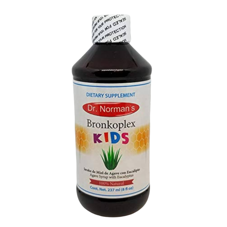 Farmacias Savia Dr. Norman Bronkoplex Kids Syrup bottle, 8oz OTC medication for children, with label and cap visible.
