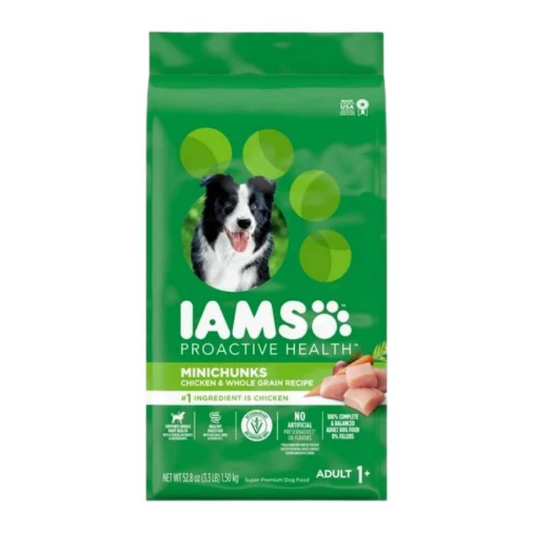 Bag of IAMS Proactive Health Minichunks Chicken and Whole Grain Adult Dry Dog Food, 3.3lb, showing kibble and packaging.