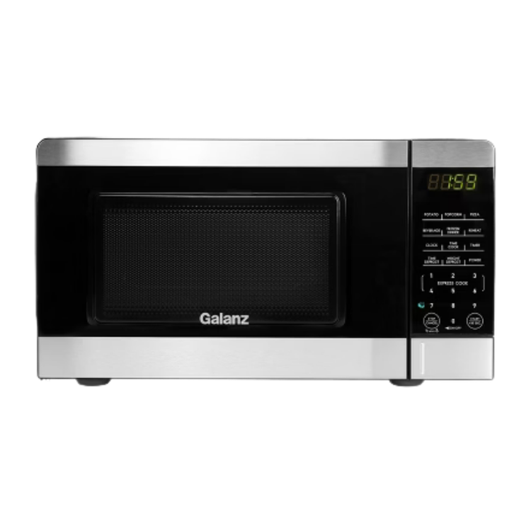 Stainless steel Galanz 0.7 cu ft countertop microwave with digital display and 700W power, suitable for compact kitchen use