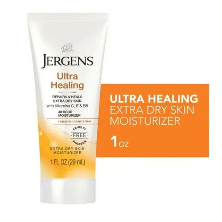 Jergens Ultra Healing hand and body lotion in 1 oz bottle, moisturizing and nourishing skin, by Farmacias Savia.