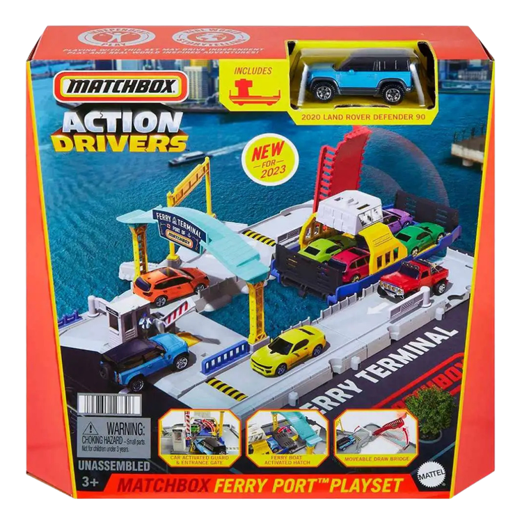 Matchbox Action Drivers Ferry Port playset with Land Rover Defender 90, featuring dock, ferry, and vehicle for imaginative play.