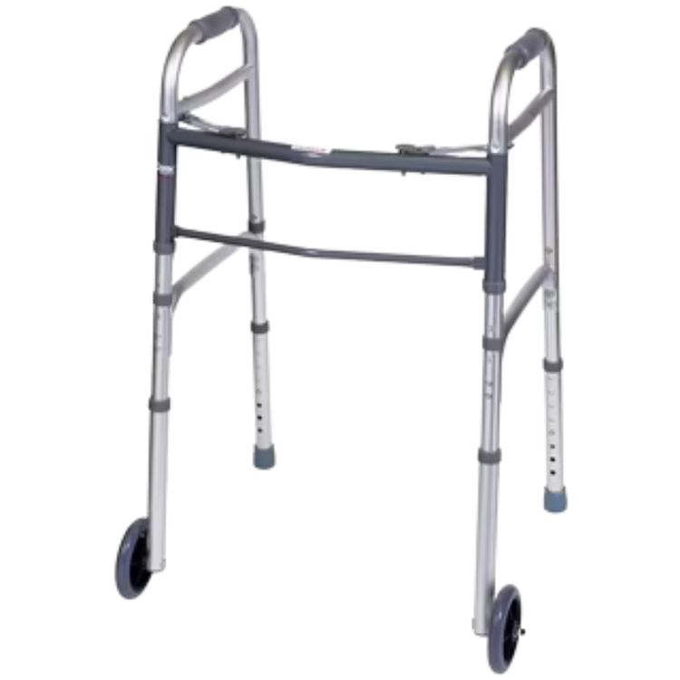 Wheel walker with adjustable frame and rubber wheels, designed for mobility assistance, by Farmacias Savia.