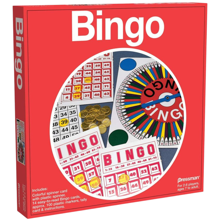 Pressman Bingo Family Game Set with colorful bingo cards and tokens, suitable for children aged 7 and up.