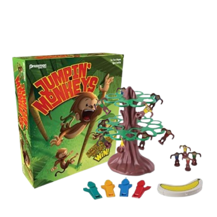 Pressman Jumpin’ Monkeys action game with colorful plastic monkeys on a game board for children aged 5 and up.