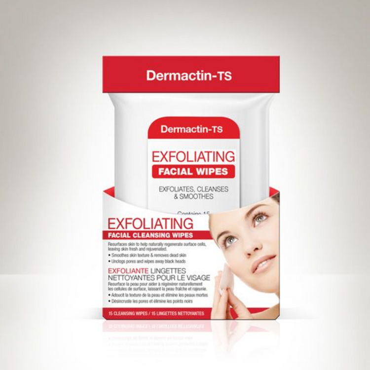 Dermactin-TS exfoliating facial wipes by Farmacias Savia, 15 count, for gentle skin cleansing and exfoliation.