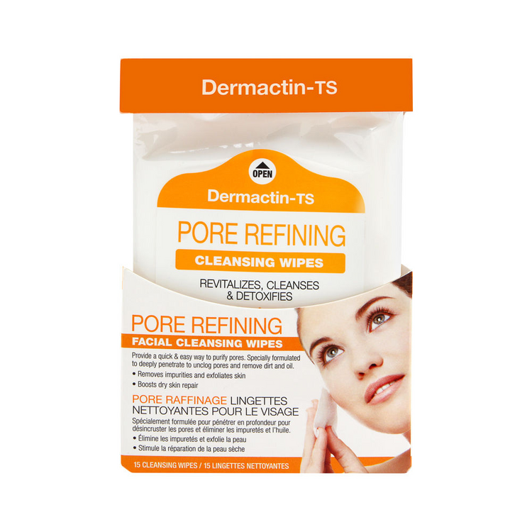 Dermactin-TS pore refining facial wipes by Farmacias Savia, 15-count pack, showing textured cloths for facial cleansing.