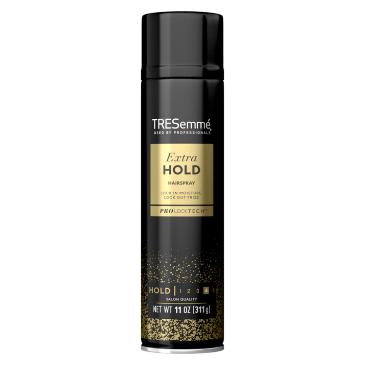 TRESemmé Extra Hold Hairspray in 11oz spray bottle, designed to hold hairstyles firmly and control frizz.