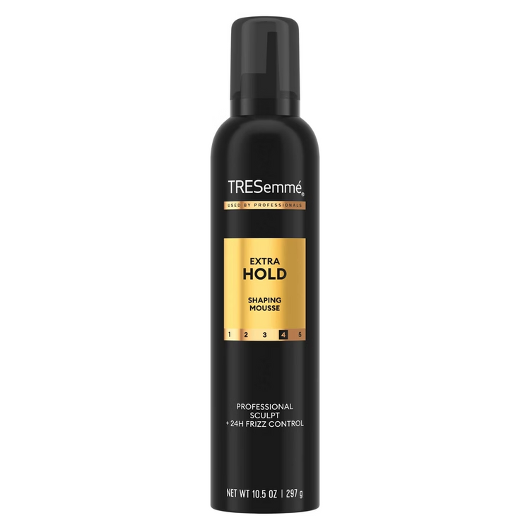 TRESemmé TRES Two Extra Hold Hair Mousse in 10.5 oz can, showcasing the product with foam and styling details.