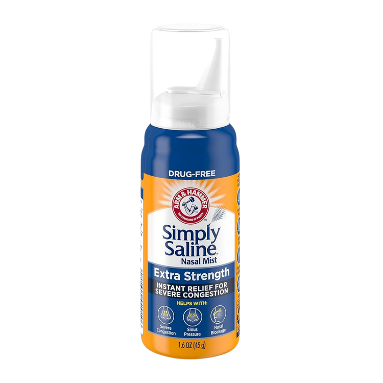 Arm & Hammer Simply Saline Daily Care Nasal Mist in 1.5oz bottle, gentle saline spray for nasal relief and hydration.