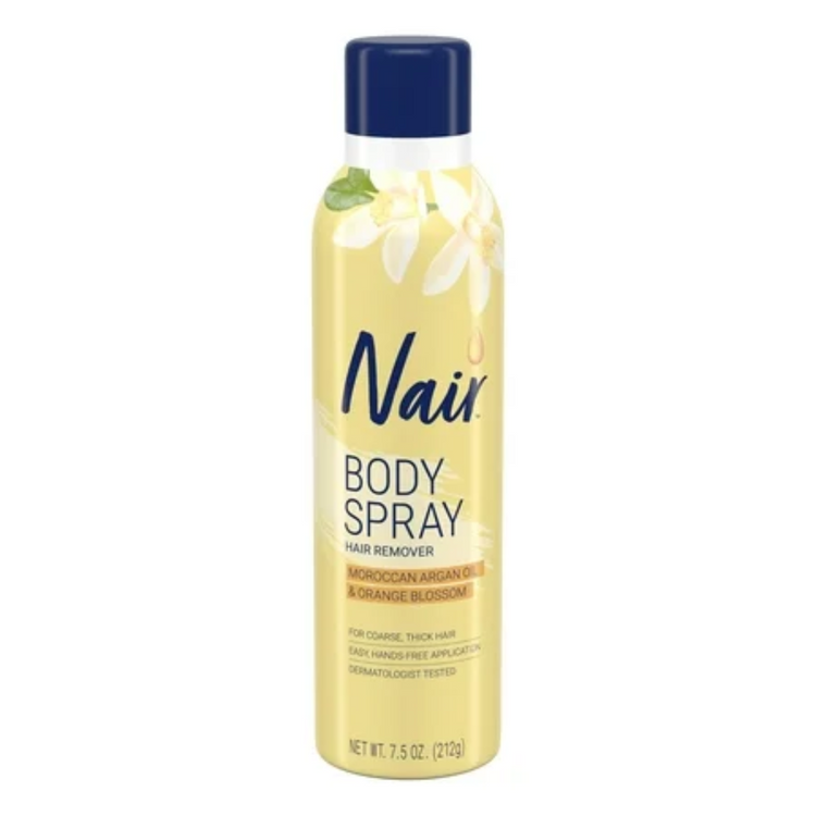 Nair Hair Remover Body Spray with Moroccan Argan Oil in 7.5 oz bottle, moisturizing body spray for smooth skin.
