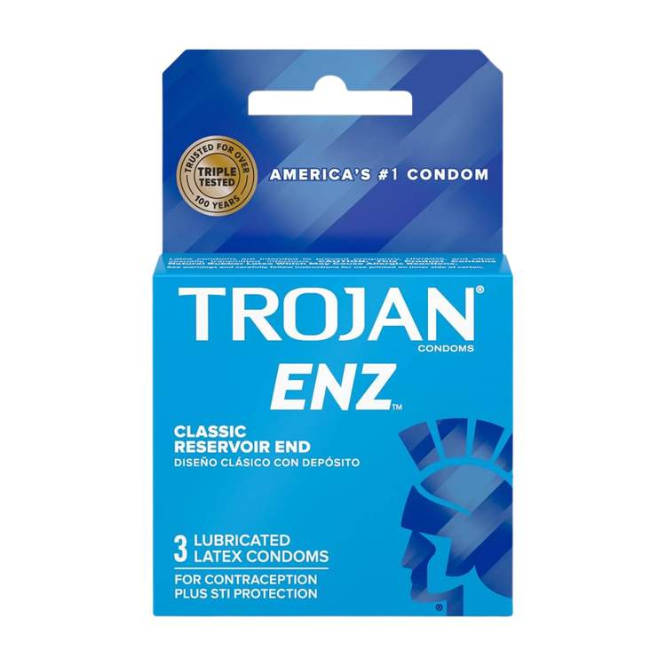 Box of Trojan ENZ lubricated latex condoms showing three individually wrapped condoms in a white and blue package.