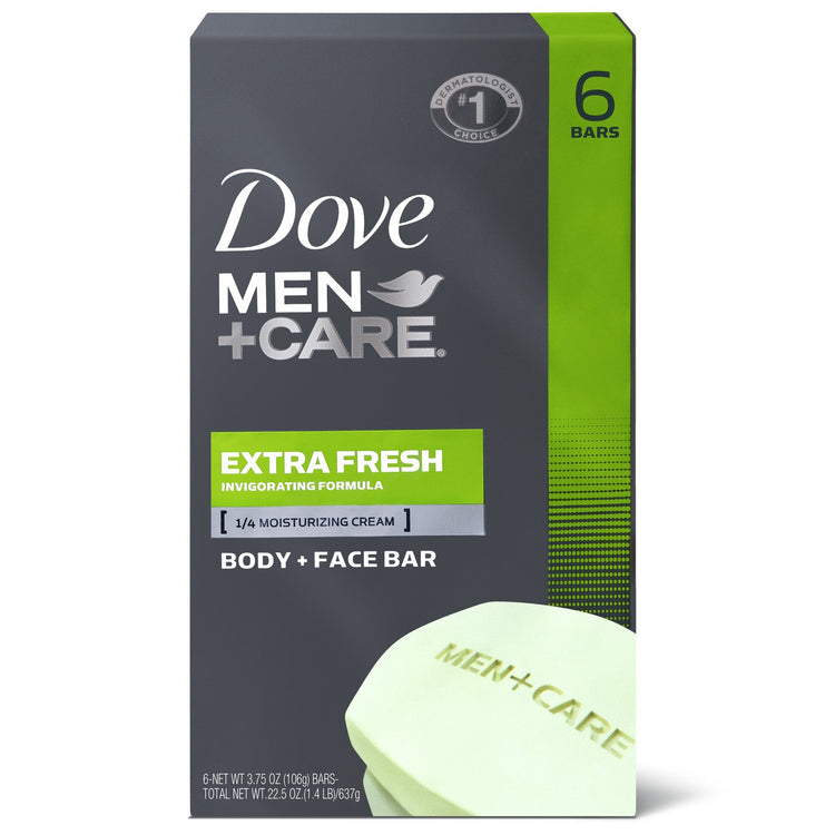 Dove Men+Care Extra Fresh bar soap for men, 6-pack of 3.75oz soap bars, in a retail package, for cleansing and freshness
