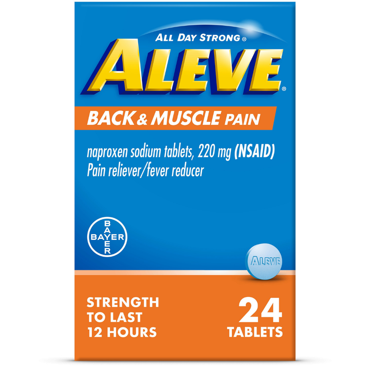 Aleve Back & Muscle Pain Naproxen Sodium Tablets, 24 count, in blister pack with tablets labeled for pain relief.