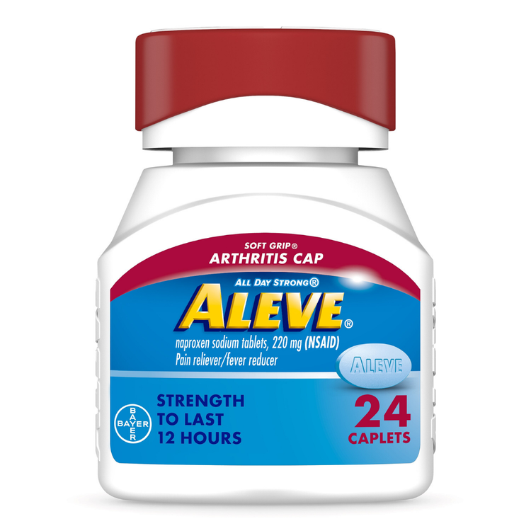 Farmacias Savia Aleve Arthritis Pain Gelcaps in soft grip cap, 24 count, showing the blister pack of pain relief capsules.