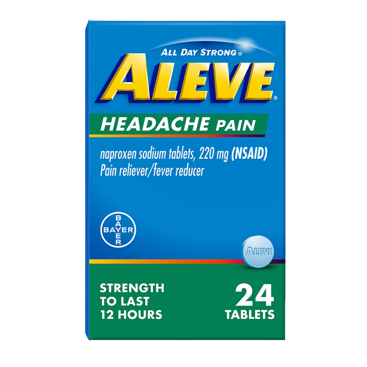 Box of Aleve headache pain reliever tablets in a 24-count package, showing the label with 220mg dosage.