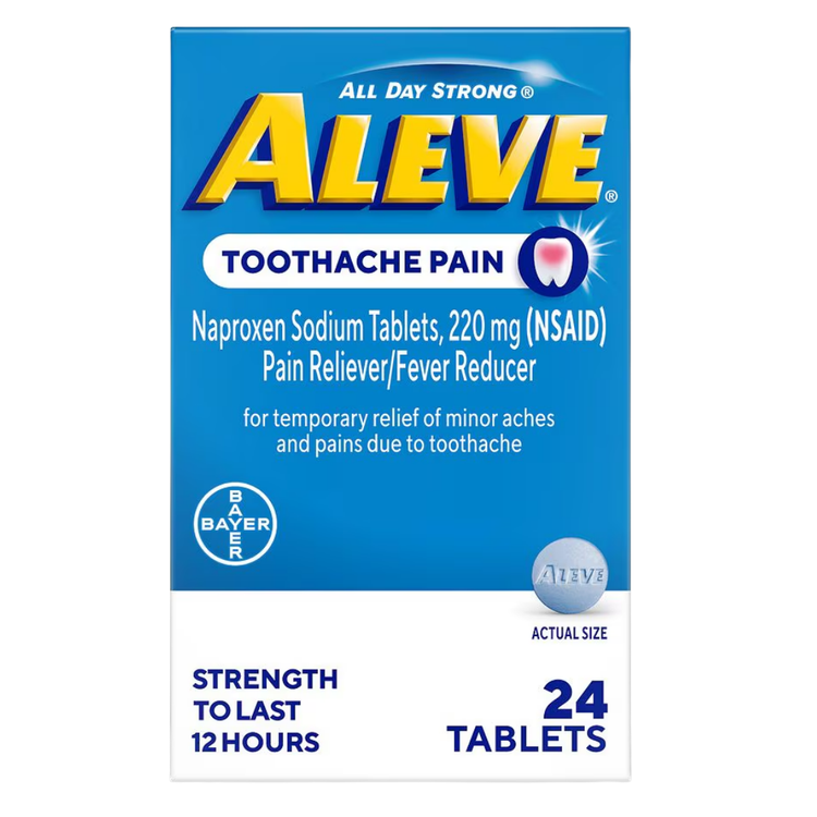 Aleve Toothache Pain Relief Tablets by Farmacias Savia, 24 tablets in blister pack, for temporary toothache pain relief.