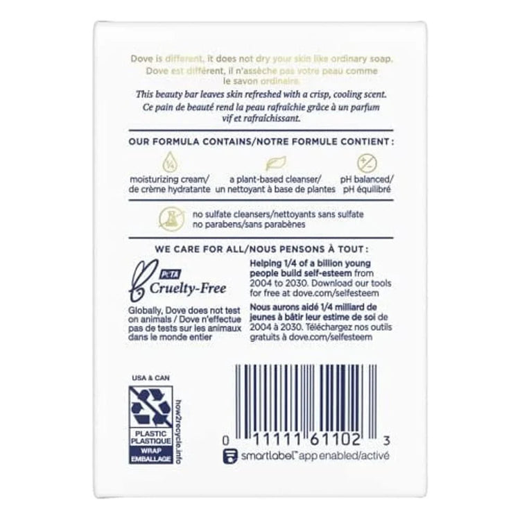 Dove Go Fresh Cool Moisture beauty bars in a pack of two, each 4.25 oz, featuring fresh, hydrating soap bars.