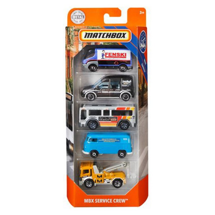 Matchbox MBX Service Crew 5-Pack die-cast vehicles featuring emergency and utility trucks in vibrant colors.