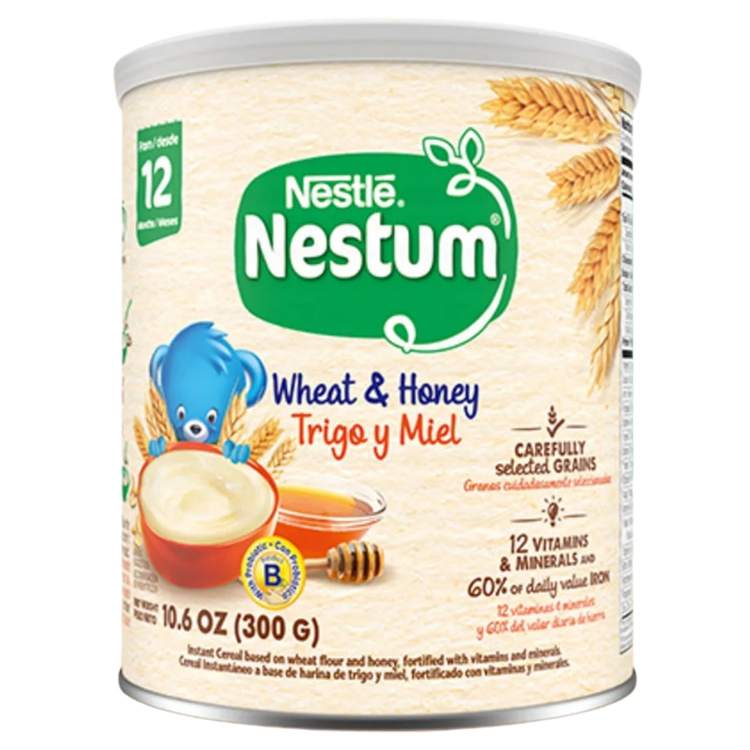 Nestum Wheat & Honey cereal in 10.6 oz box by Farmacias Savia, showing cereal flakes with honey and wheat ingredients.