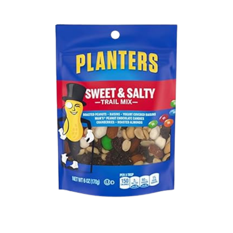 Planters Trail Mix Sweet & Nuts 6oz bag featuring mixed nuts, dried fruits, and sweet snack ingredients.
