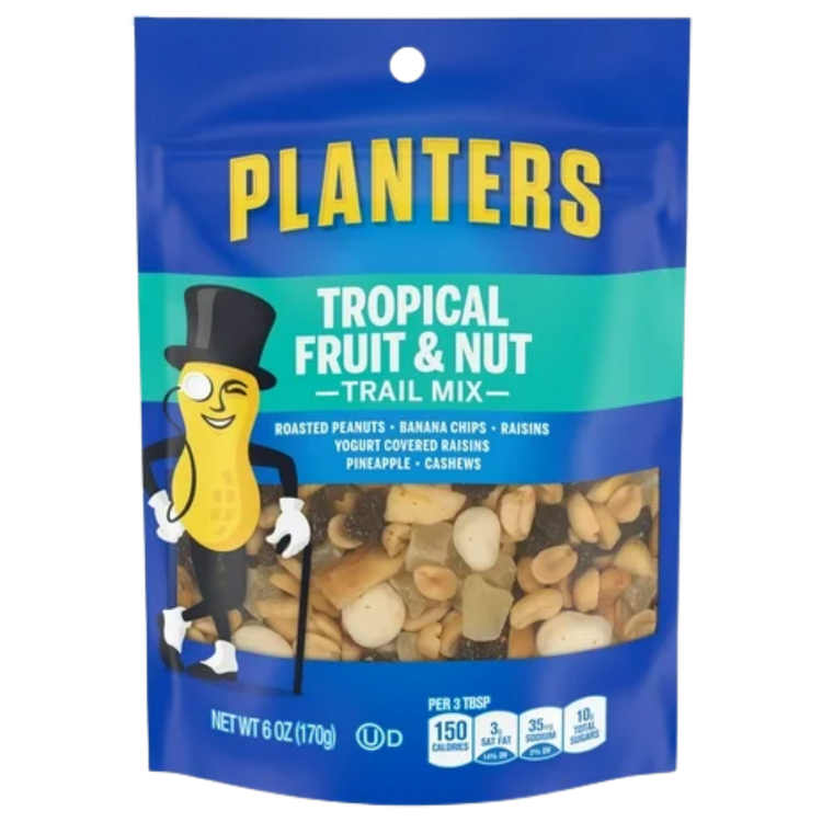 Planters Trail Mix with fruit and nuts in a 6oz bag, featuring colorful dried fruits and mixed nuts.