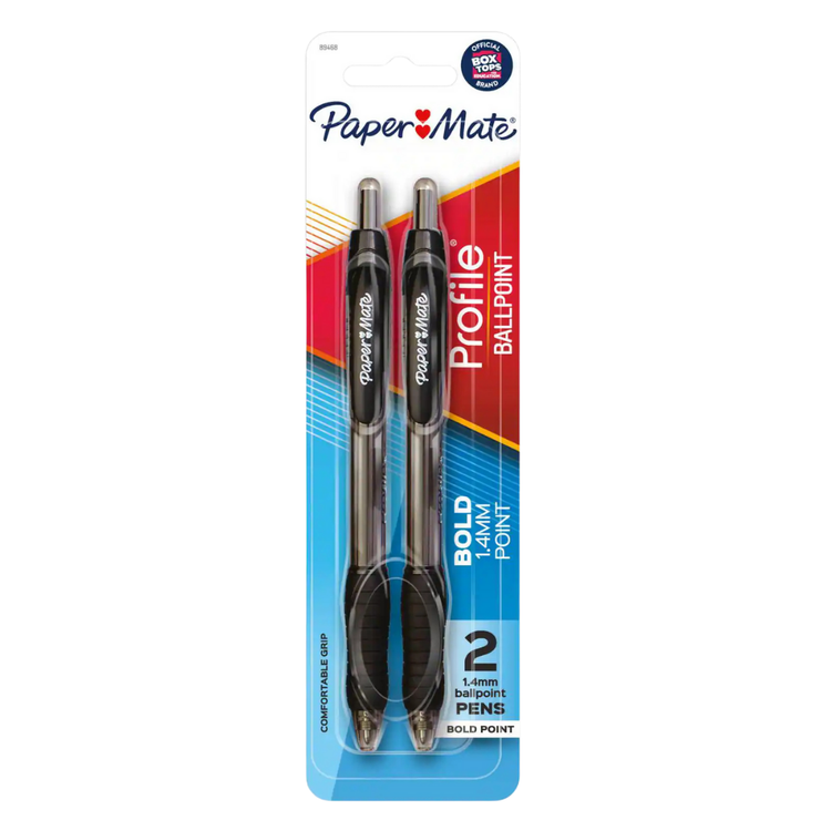 Two Paper Mate Profile black ballpoint pens, 1.4mm tip, in a pack for school or office use.