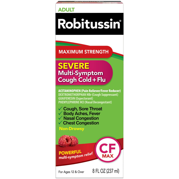 Robitussin Adult Maximum Strength Multi-Symptom Cold and Flu Liquid in 8 fl oz bottle, featuring cough and cold relief.