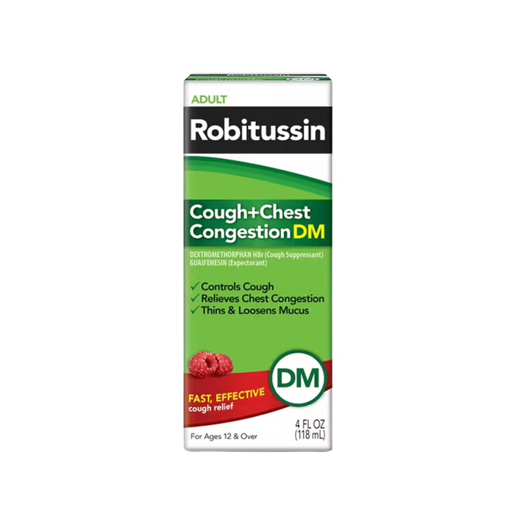 Robitussin Adult Cough and Chest Congestion DM bottle with raspberry flavor, 4 oz, showing the label and packaging.
