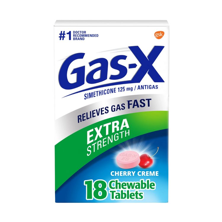 Farmacias Savia Gas-X Chewable Tablets Extra Strength Cherry, 18 count, showing the cherry-flavored antacid tablets in blister pack.