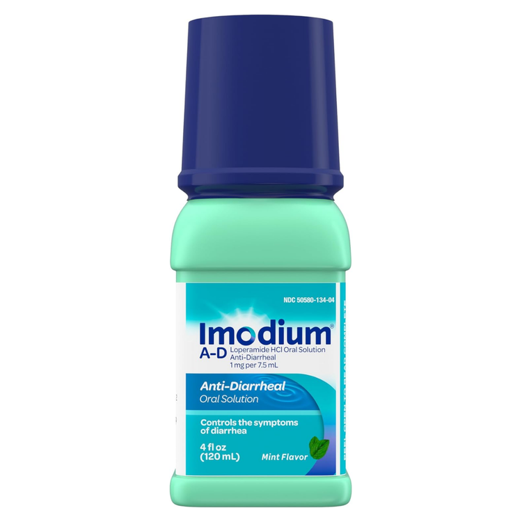 Imodium A-D Mint Liquid Loperamide HCl bottle, 4oz, with label showing dosage and mint flavor for digestive relief.