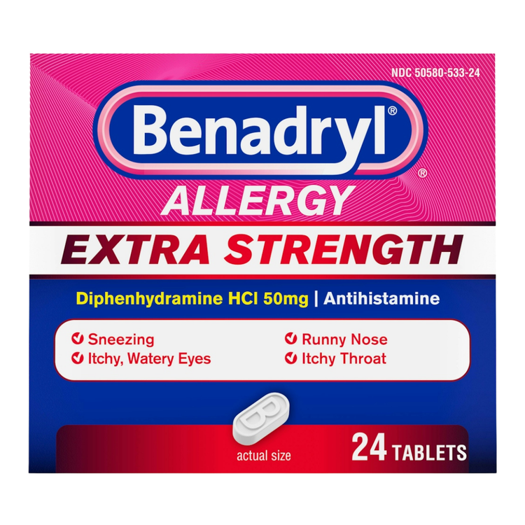 Benadryl Allergy Ultratabs antihistamine relief tablets in a 24-count package, showing the box with branding and product details.