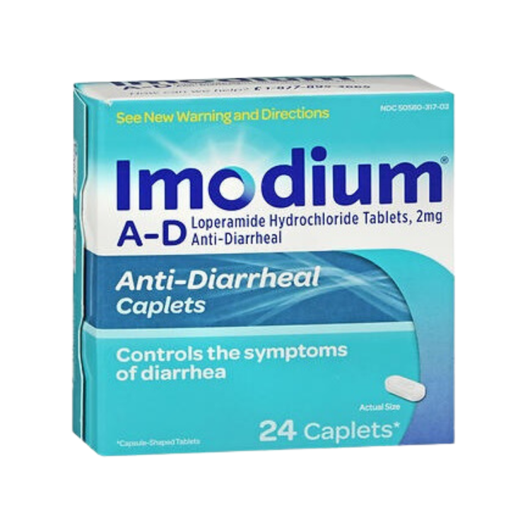 Imodium A-D anti-diarrheal caplets in a 24-count bottle, used for relief of diarrhea, by Farmacias Savia.
