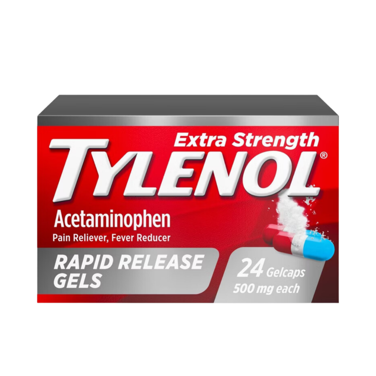 Tylenol Extra Strength Rapid Release Gels 500mg bottle, 24-count, pain relief medication by Farmacias Savia