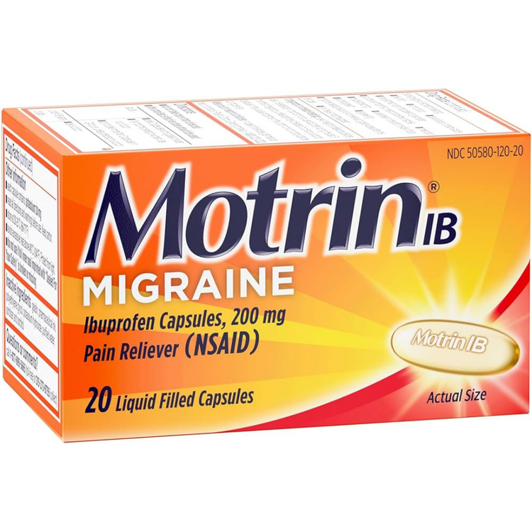 Farmacias Savia Motrin IB Migraine Pain Reliever Ibuprofen 200mg liquid gels, 20 count, with blister pack and gel capsules visible.