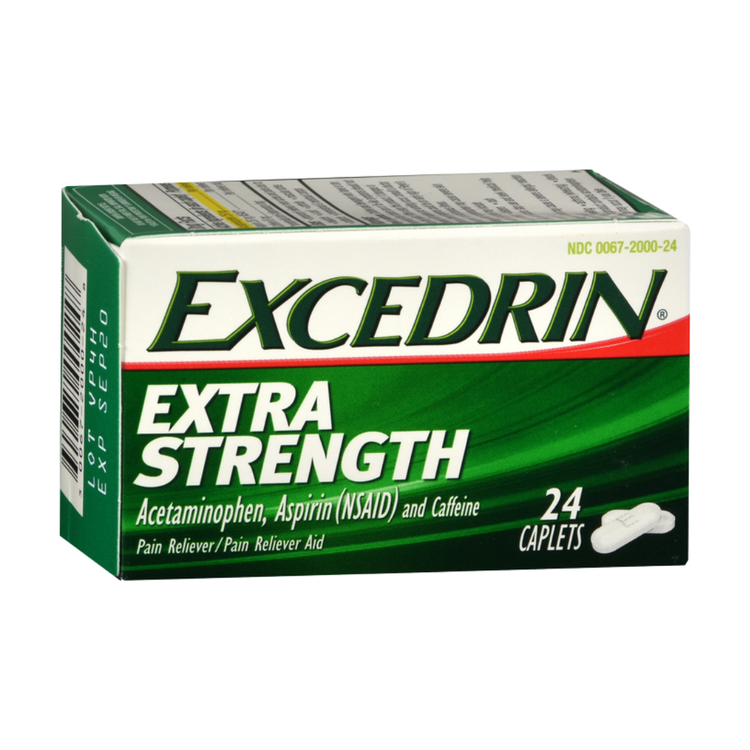 Excedrin Extra Strength Pain Reliever caplets in a 24-count package, designed for fast headache relief.