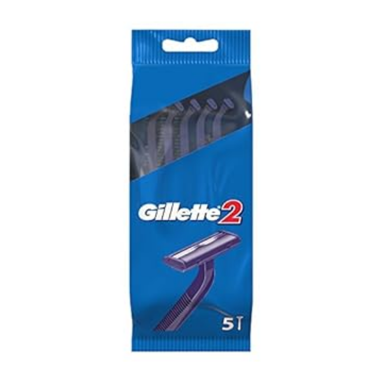 Gillette Blue 2 disposable razor blades in a 5-pack, featuring dual blades and ergonomic handle for smooth shaving.