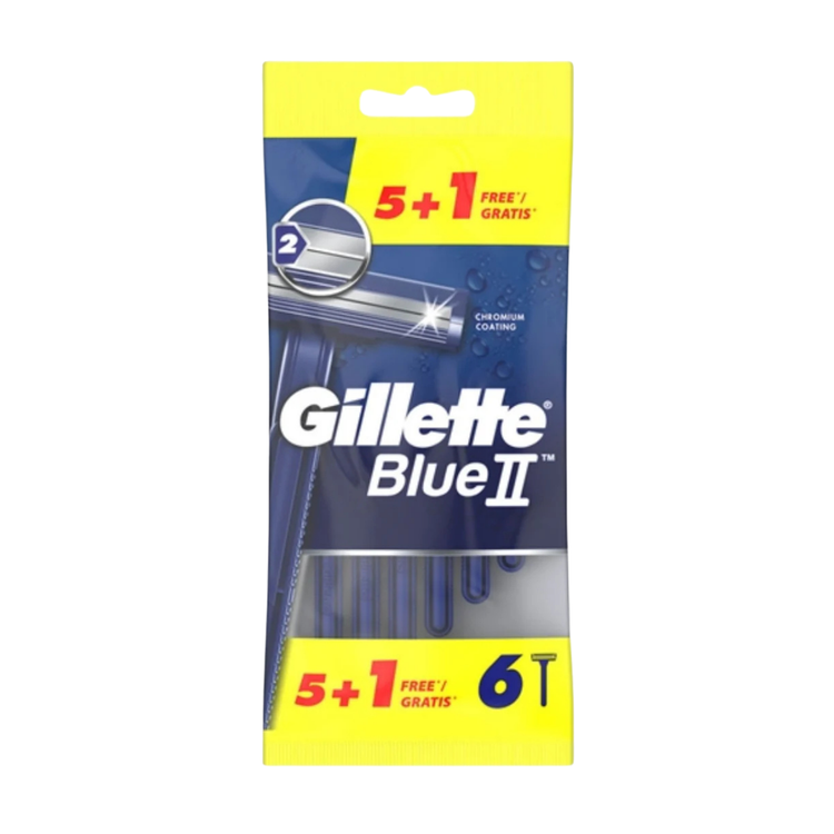 Six Gillette BlueII disposable razors for men, featuring blue handles and multiple blades, shown in a pack.