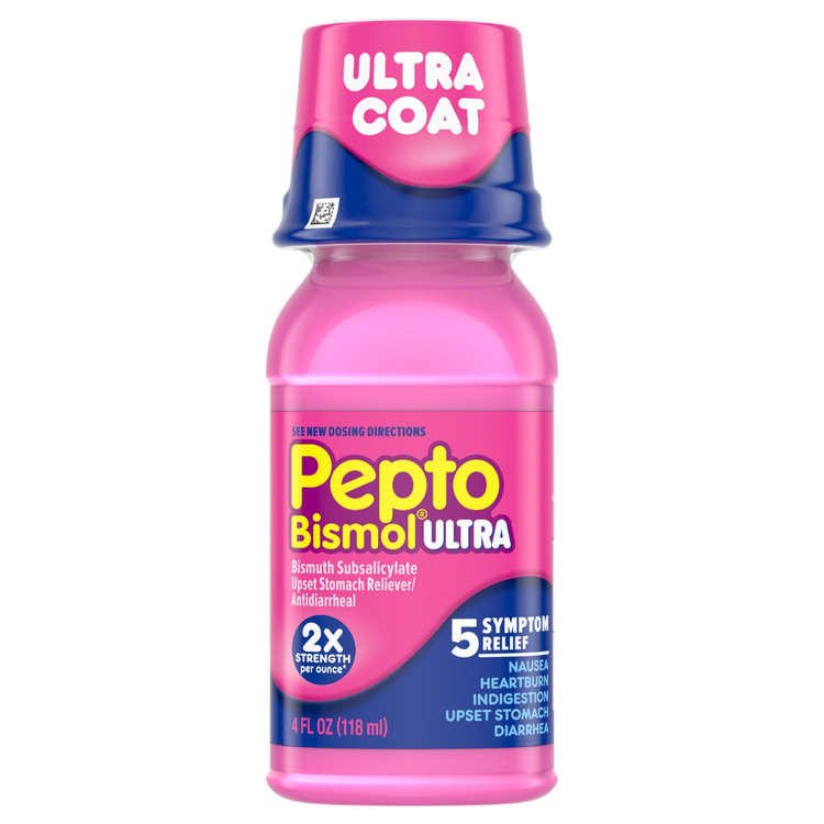 Farmacias Savia Pepto Bismol Ultra 5-Symptom Relief liquid 4 oz bottle showing label and packaging.