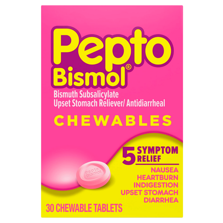 Pepto-Bismol Chewable Tablets in a 30-count bottle, over-the-counter digestive relief medication by Farmacias Savia.