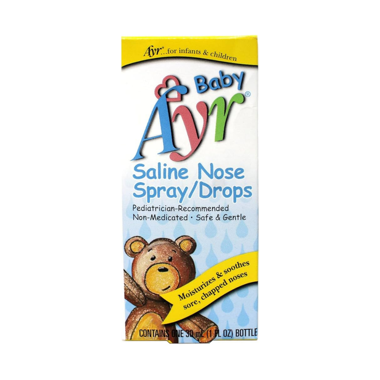 Baby Ayr saline nose spray and drops for infants and children, 1oz bottle, with gentle nasal relief for little ones.