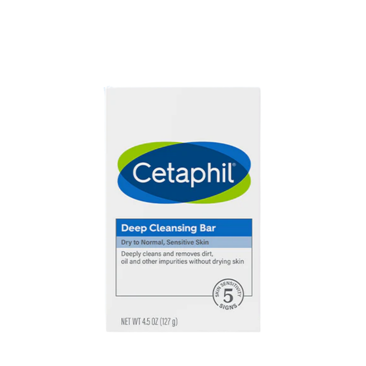 Farmacias Savia Cetaphil Deep Cleansing Bar 4.5oz shown with soap bar and packaging, suitable for gentle skin cleansing