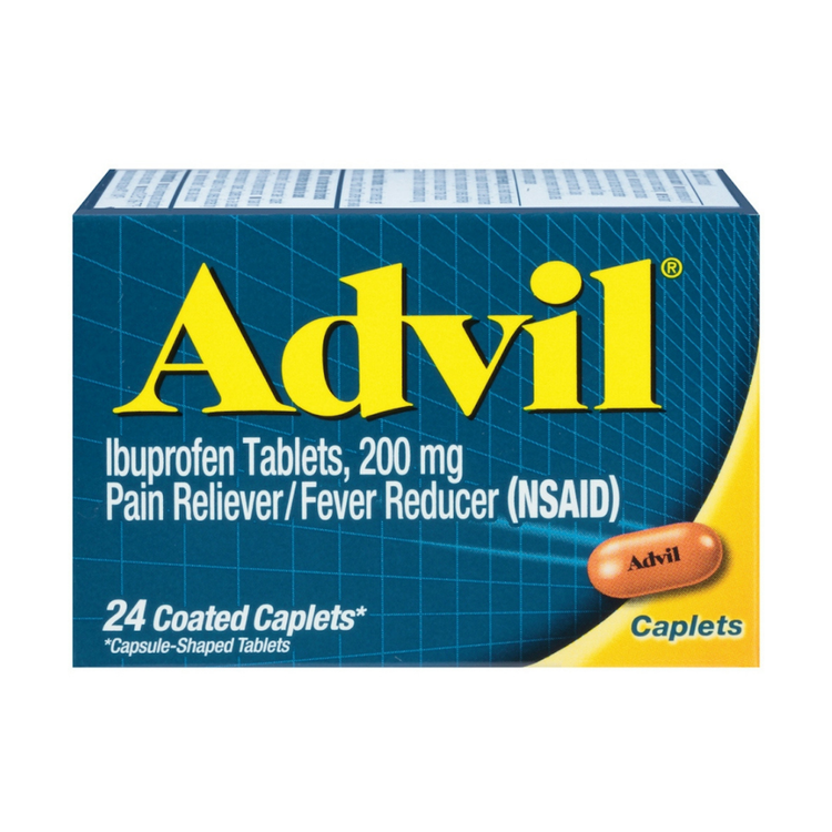 Advil Ibuprofen 200mg pain reliever and fever reducer coated caplets in a blister pack, manufactured by Farmacias Savia.