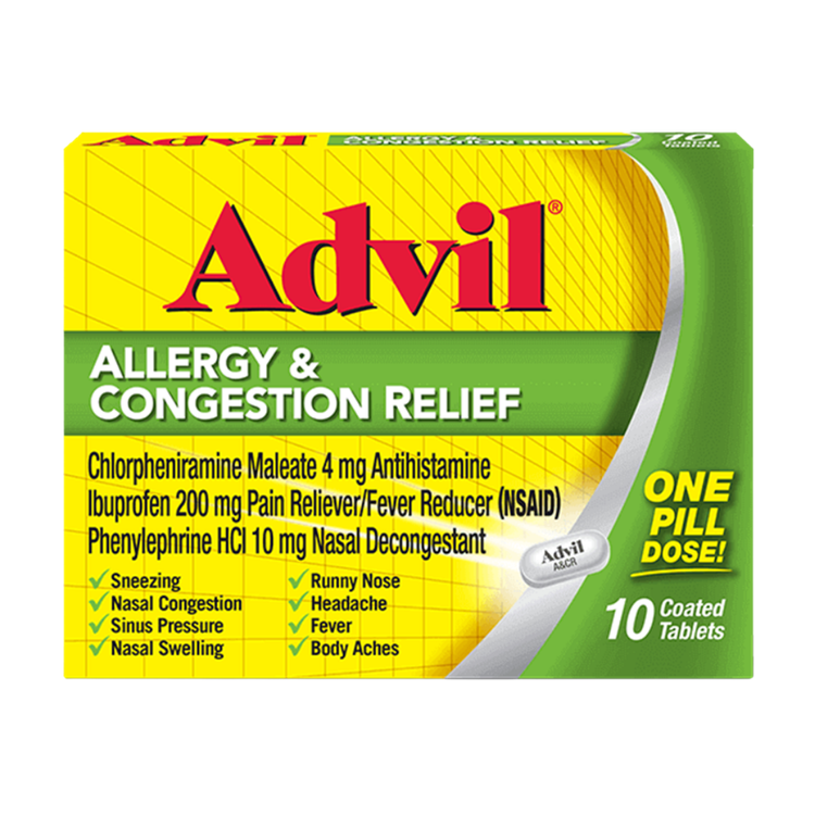 Advil Allergy & Congestion Relief coated tablets in a 10-count package, showing the blister pack of medication from Farmacias Savia.