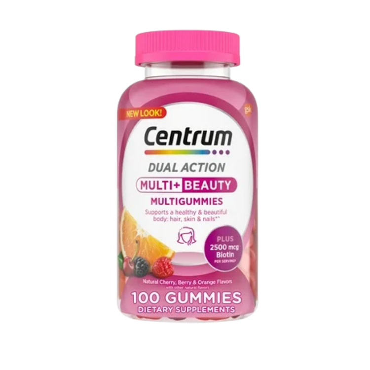 Centrum Dual Action Multi + Beauty multigummies in a clear container, featuring yellow and pink gummy vitamins for daily health and beauty.
