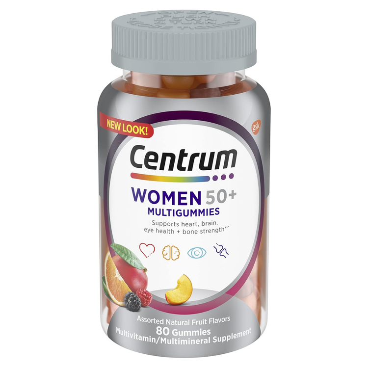 Centrum MultiGummies Women 50+ multivitamin bottle with 80 gummies, showing colorful gummy vitamins in a clear container.