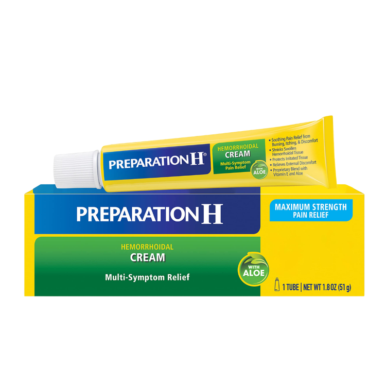 Preparation H Hemorrhoidal Cream with Aloe, maximum strength, 1.8oz tube, for soothing and relief from hemorrhoid discomfort.