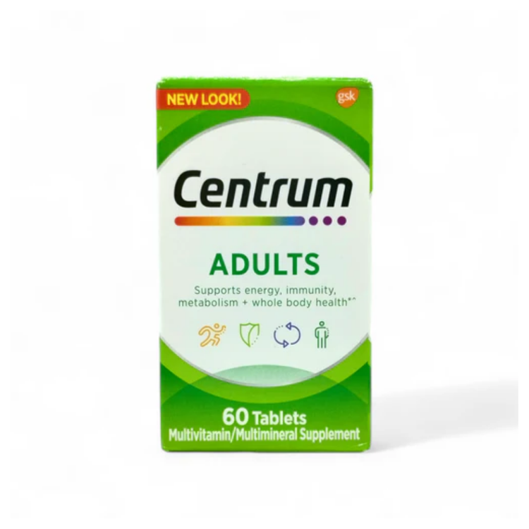 Centrum Adults Multivitamin bottle with 60 tablets, dietary supplement for adult health, by Farmacias Savia.
