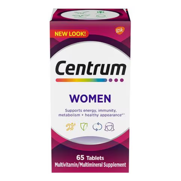 Centrum Women multivitamins bottle with 65 tablets, dietary supplement for women, in a clear bottle with label showing product details.